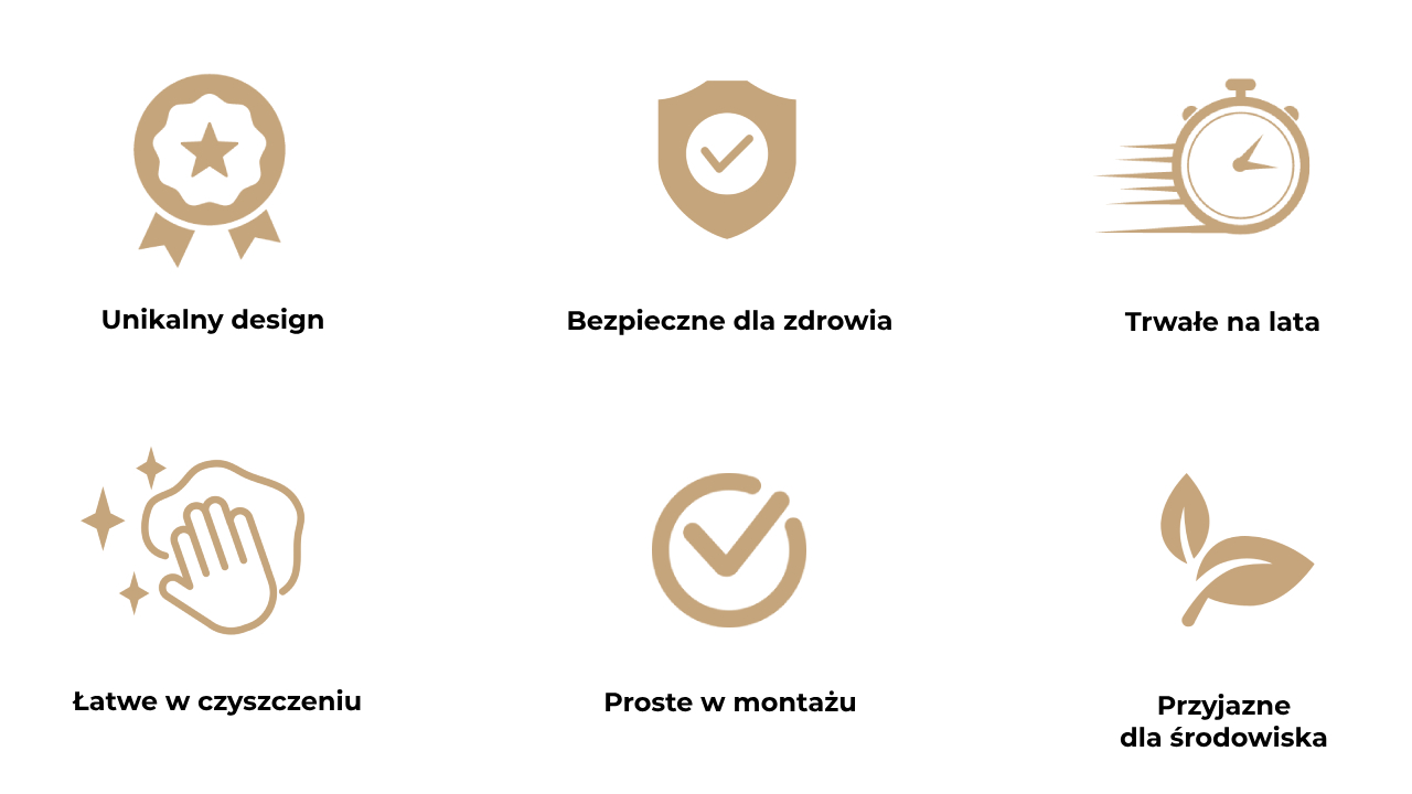 Obraz
            przedstawia sześć ikon opisujących zalety korka ozdobnego na ścianę